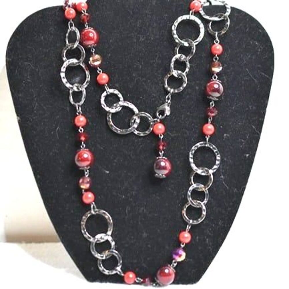 Premier Design Gunmetal Circle Link Red Glass Beaded Boho Chic Casual Necklace